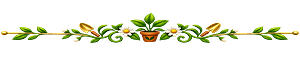 Decorative garden divider with green leafy vines, white flowers, golden garden trowels, and a small terracotta pot with a growing plant.