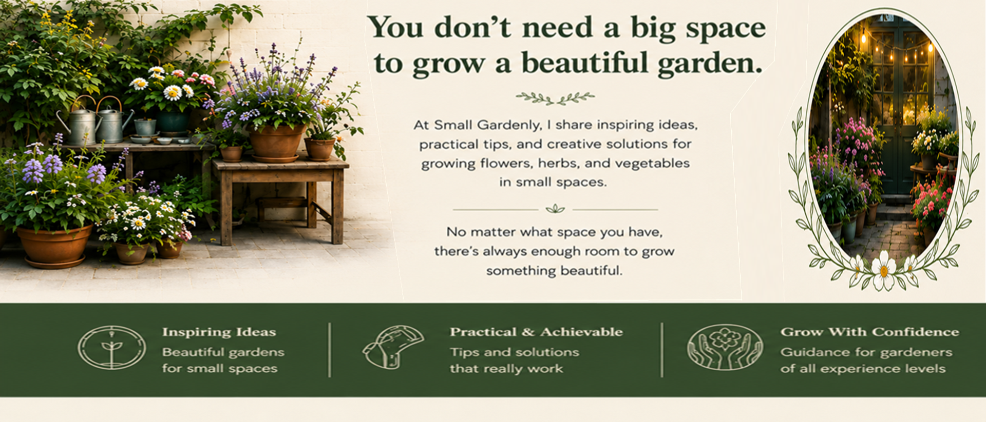 Colorful potted flowers and garden plants beside a rustic wooden table, with a circular view of a cozy flower-filled garden entrance for mobile.