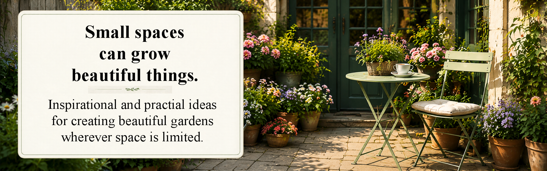 Colorful small garden patio filled with potted flowers, a bistro table and chair, surrounded by lush plants.