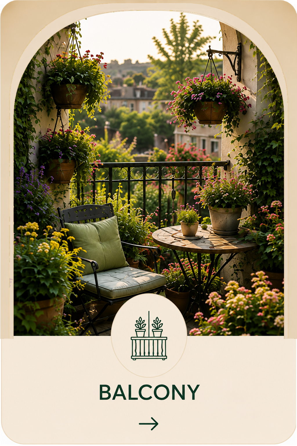 Small balcony garden filled with colorful flowers, hanging baskets, potted plants, and a cozy chair with a compact bistro table.