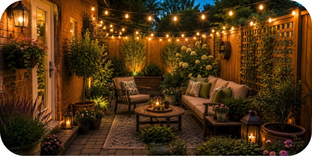 Cozy small backyard retreat at dusk with compact outdoor seating, lush container plants, warm string lights, lanterns, and a paved patio.