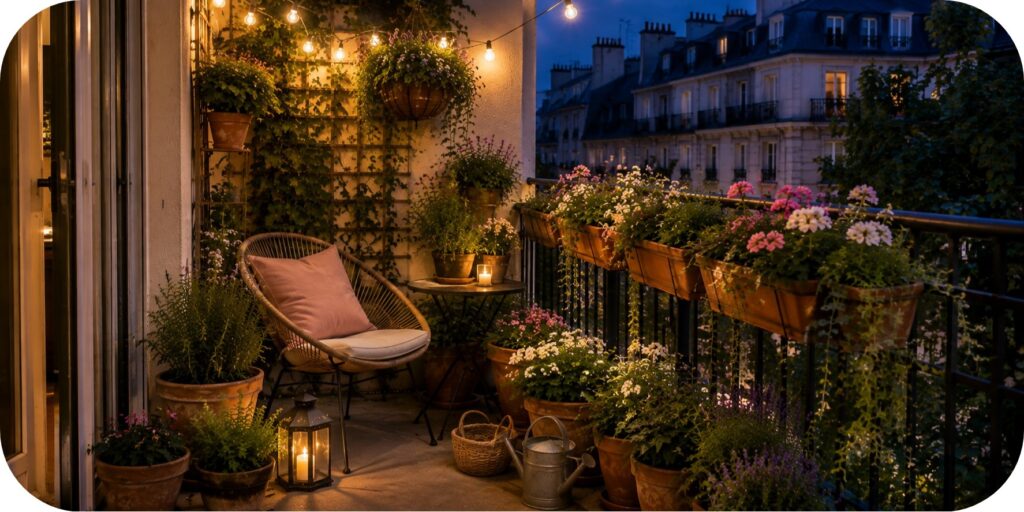 Flower-filled small balcony at dusk with terracotta planters, cozy seating, warm string lights, railing flowers, and lush trailing greenery.