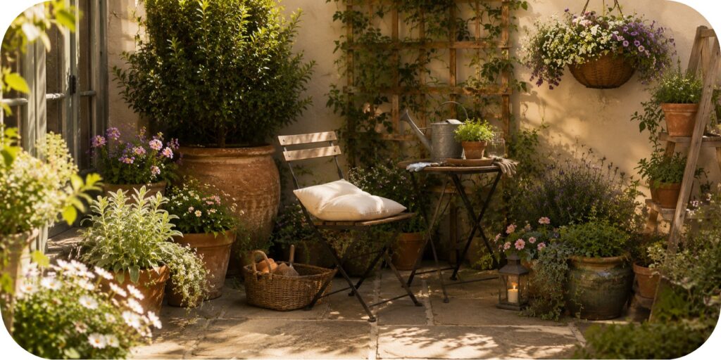 Cozy small patio with a bistro chair surrounded by terracotta pots, colorful flowers, climbing greenery, a hanging basket, and a small garden table.
