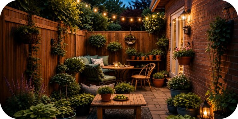 Cozy small backyard at early evening with lush container plants, compact seating, warm string lights, a paved patio, and wooden privacy fencing.