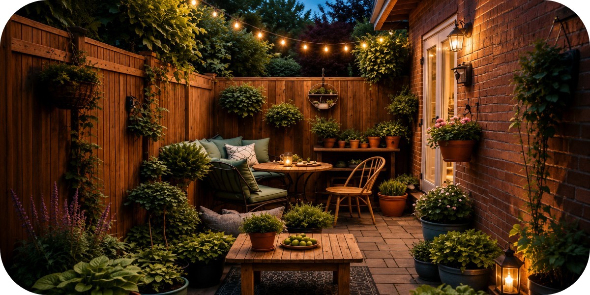 Cozy small backyard at early evening with lush container plants, compact seating, warm string lights, a paved patio, and wooden privacy fencing.
