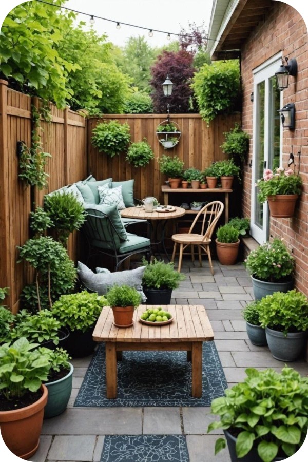 Cozy narrow backyard with lush container plants, compact seating, wooden fencing, string lights, and a paved patio beside a brick house.