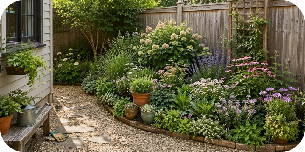 Tiny backyard with a curved garden bed layered with flowering shrubs, ornamental grasses, colorful perennials, terracotta pots, and a gravel path.
