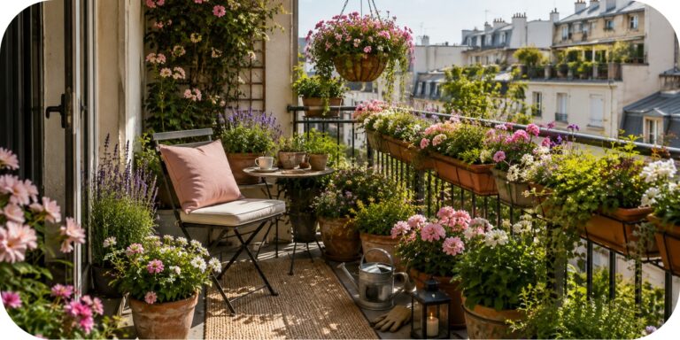 Small apartment balcony filled with pink, lavender, and white flowers, railing planters, terracotta pots, and a cozy outdoor chair with a small table.