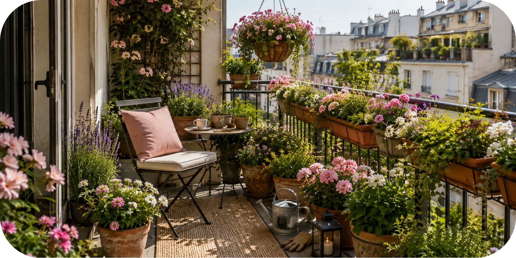 Small apartment balcony filled with pink, lavender, and white flowers, railing planters, terracotta pots, and a cozy outdoor chair with a small table.
