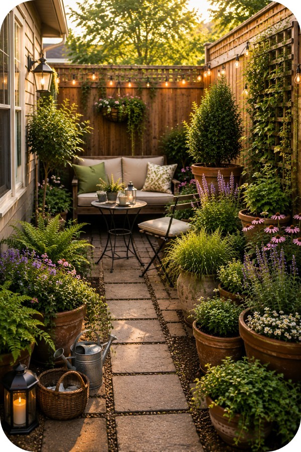 Cozy narrow backyard with layered terracotta planters, flowering plants, a paved walkway, compact seating, climbing greenery, and string lights.