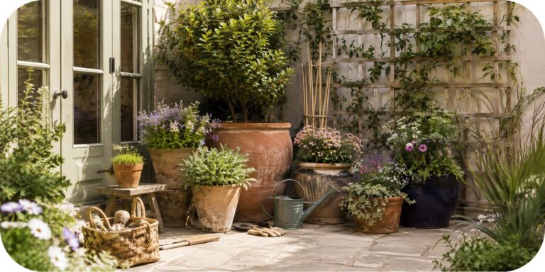 Small urban patio with layered terracotta pots, flowering plants, herbs, a compact shrub, climbing greenery, and garden tools on stone paving.