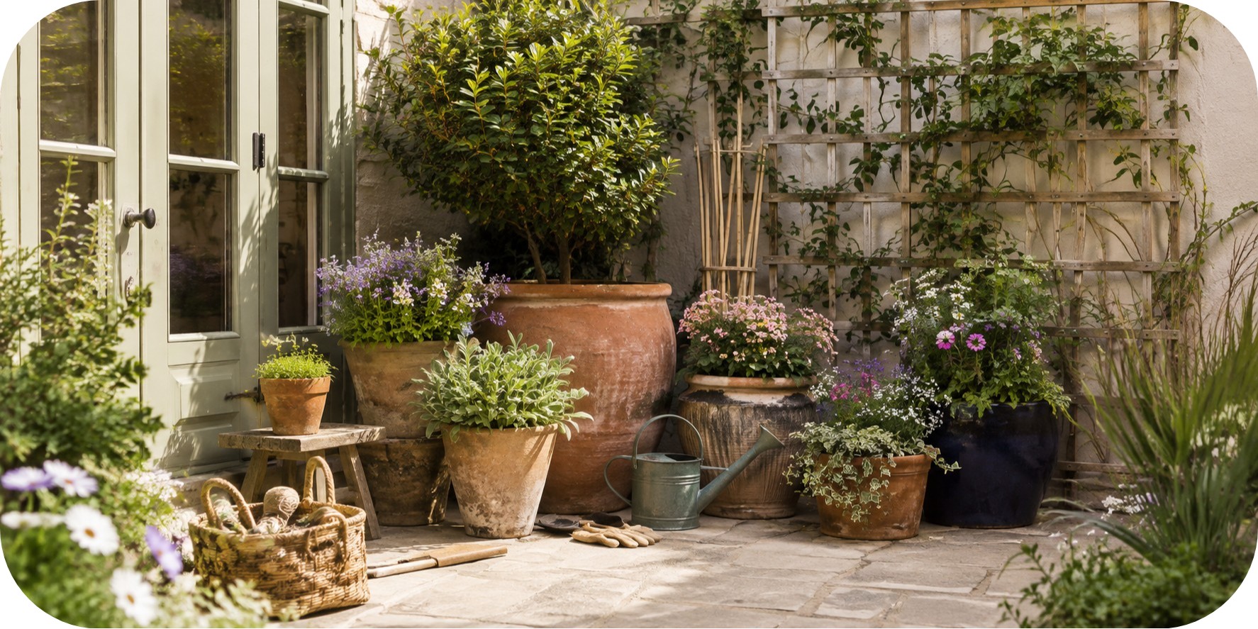 Small urban patio with layered terracotta pots, flowering plants, herbs, a compact shrub, climbing greenery, and garden tools on stone paving.