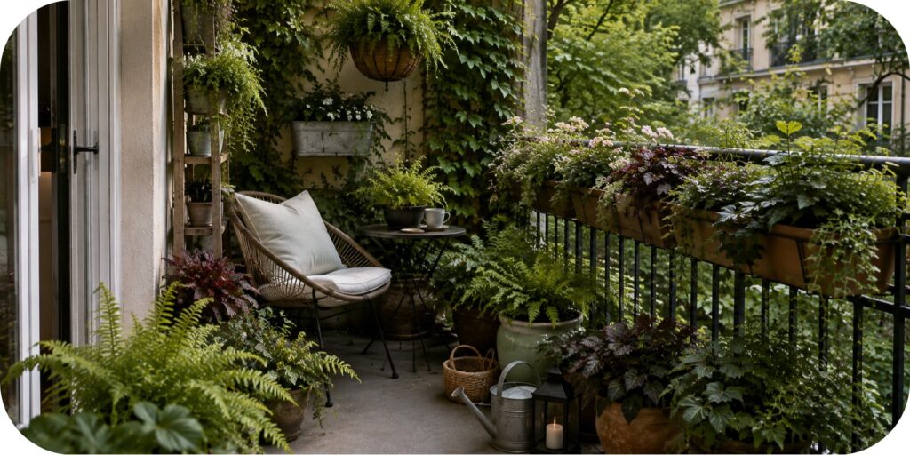 Shaded small apartment balcony with layered ferns, leafy plants, railing planters, trailing greenery, and a cozy chair surrounded by containers.