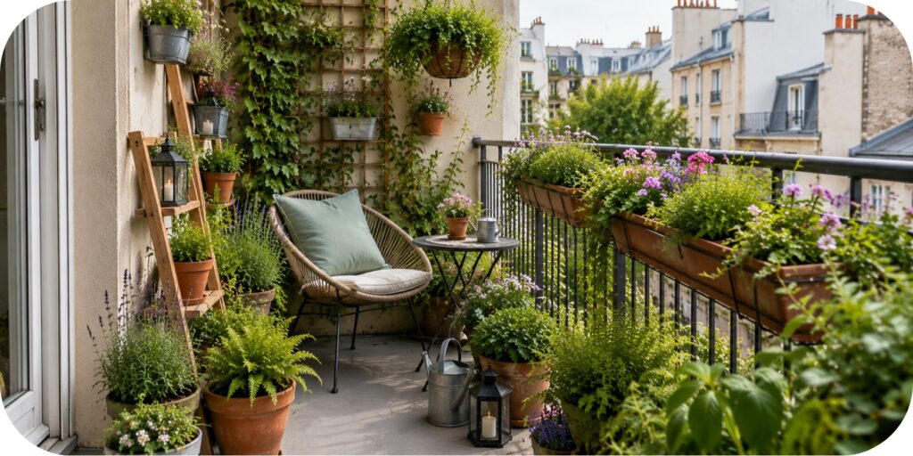 Narrow apartment balcony with climbing greenery, wall planters, railing flowers, layered containers, and a compact chair with a small side table.
