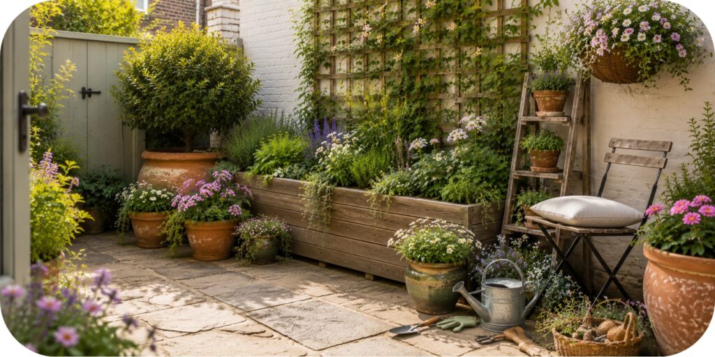 Compact patio with a raised wooden planter, layered terracotta pots, climbing greenery, flowering plants, a plant ladder, and a small bistro chair.