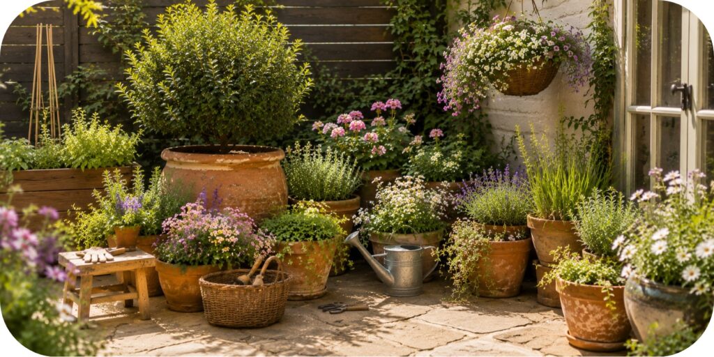 Sunny small patio filled with weathered terracotta pots, flowering plants, herbs, ornamental grasses, a hanging basket, and a large leafy shrub.