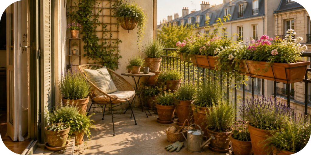 Sunny small balcony with layered terracotta pots, flowering plants, herbs, railing planters, and a compact chair with a small outdoor table.