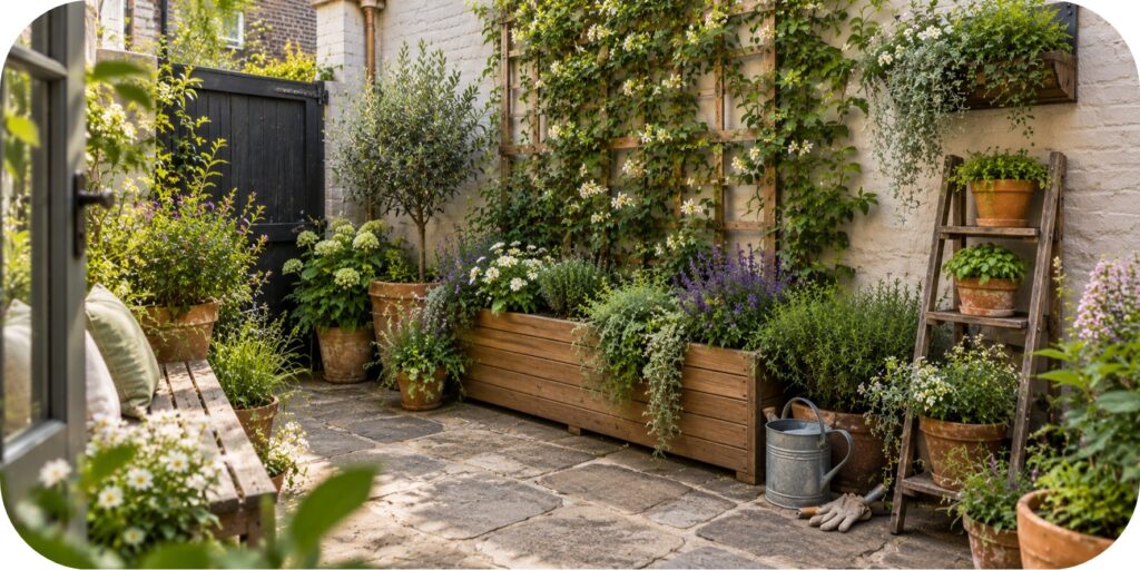 Tiny urban patio with a raised wooden planter, climbing trellis, terracotta pots, herbs, flowers, plant ladders, and open stone paving